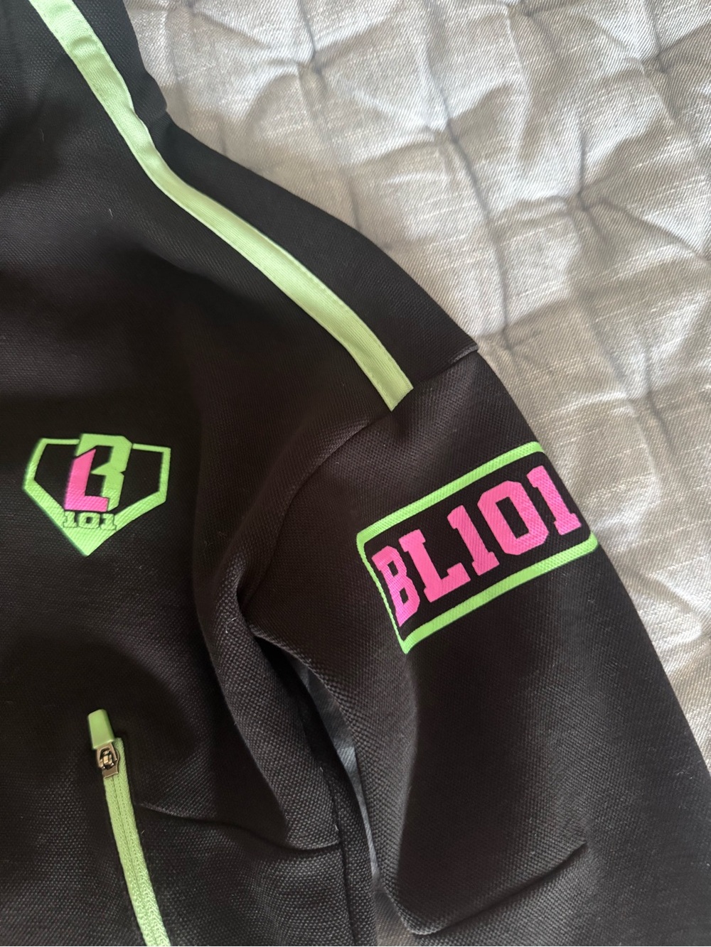 BL101 1/4 zip hoodie.  Black Hoodie with Neon Green and Pink Accents - Picture 2 of 3